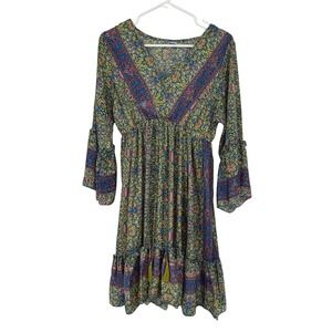 Boho Floral Silky V Neck Bell Sleeve Tiered Mini Dress Hippie Tassel Festival
